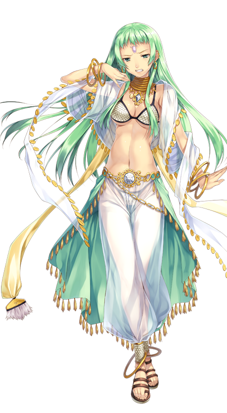 1girl artist_request bangle bikini bracelet breasts cleavage clenched_teeth coin_(ornament) dancer dancer_(ragnarok_online) forehead_jewel full_body gold green_eyes green_hair green_skirt grey_footwear half-closed_eyes hand_up harem_pants jewelry large_variant_set long_hair looking_at_viewer medium_breasts navel neck_ring official_art pants pink_gemstone ragnarok:_guild_masters ragnarok_online sandals see-through_clothes see-through_pants sequins shawl short_bangs showgirl_skirt simple_background skirt solo standing swimsuit teeth transparent_background v-shaped_eyebrows variant_set white_bikini white_gemstone white_pants