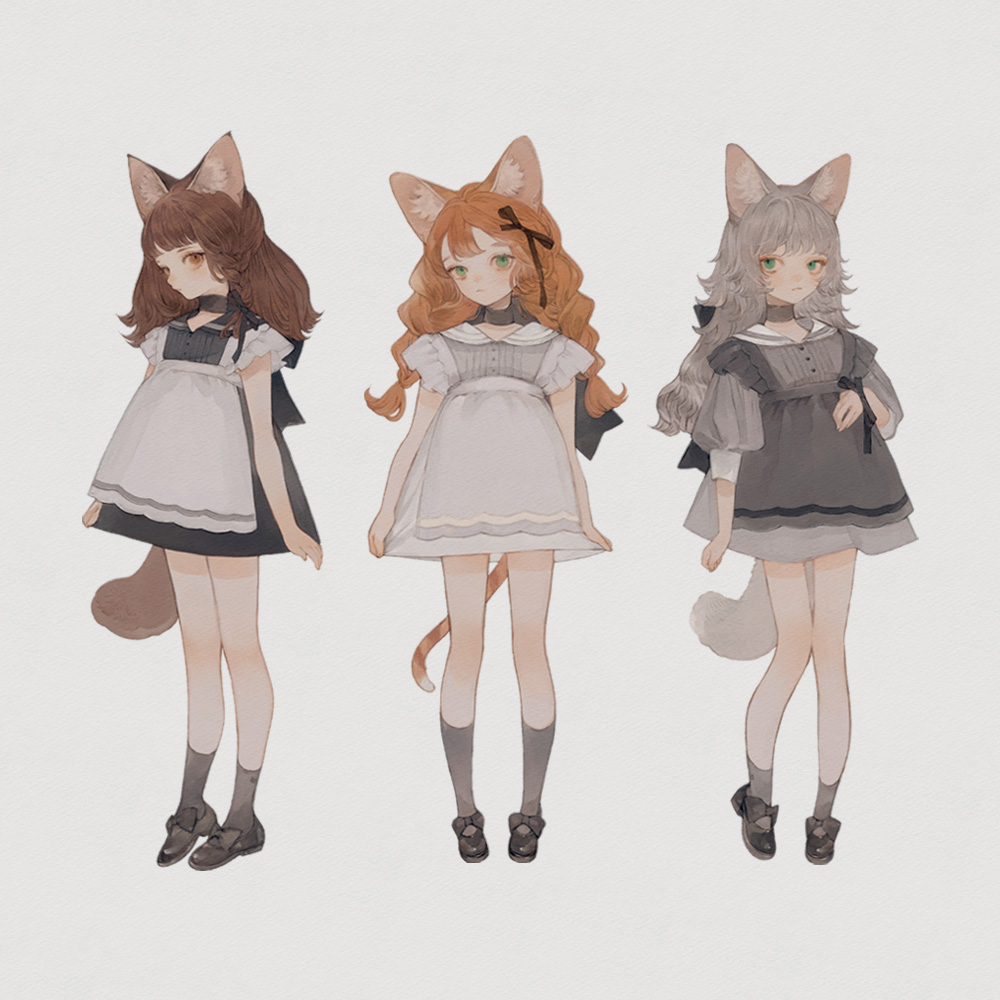 3girls animal_ear_fluff animal_ears apron black_dress black_footwear black_ribbon braid brown_eyes brown_hair cat_ears cat_girl cat_tail closed_mouth commentary dress full_body green_eyes grey_dress grey_hair hair_ribbon long_hair looking_at_viewer multiple_girls nekosuke_(oxo) orange_hair original puffy_sleeves ribbon shoes short_dress side_braid simple_background socks standing symbol-only_commentary tail twin_braids white_apron white_dress wrist_ribbon