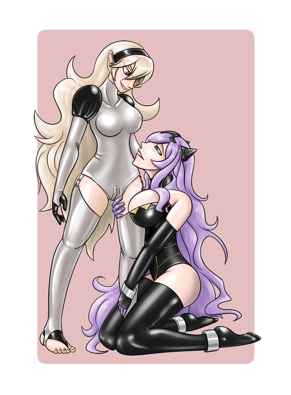 2girls camilla_(fire_emblem) corrin_(female)_(fire_emblem) corrin_(fire_emblem) fire_emblem fire_emblem_fates highres intelligent_systems latex multiple_girls nintendo pink_background rubberlink tagme transparent_background yuri