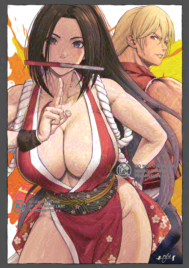 1boy 1girl arm_guards artist_name back-to-back bare_shoulders blonde_hair blue_eyes border breasts brown_eyes brown_hair cleavage commentary_request cowboy_shot denim fatal_fury folded_fan folding_fan grey_border grin hand_fan hand_on_own_hip jacket japanese_clothes jeans kuji-in large_breasts long_hair looking_at_viewer looking_back mouth_hold muscular ninja no_bra obi obijime pants pelvic_curtain red_jacket revealing_clothes rope sash shiranui_mai shirt sidelocks smile terry_bogard the_king_of_fighters the_ryuhijiri torn_clothes torn_sleeves white_shirt