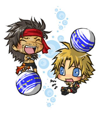 ^^^ 00s 2boys anger_vein blitzball blonde_hair blue_eyes brown_hair chibi commentary crossed_arms dissidia_final_fantasy closed_eyes facial_hair father_and_son final_fantasy final_fantasy_x headband jecht laughing lowres male_focus multiple_boys navel nigou_(equal1014) open_mouth scar topless_male sitting standing tidus