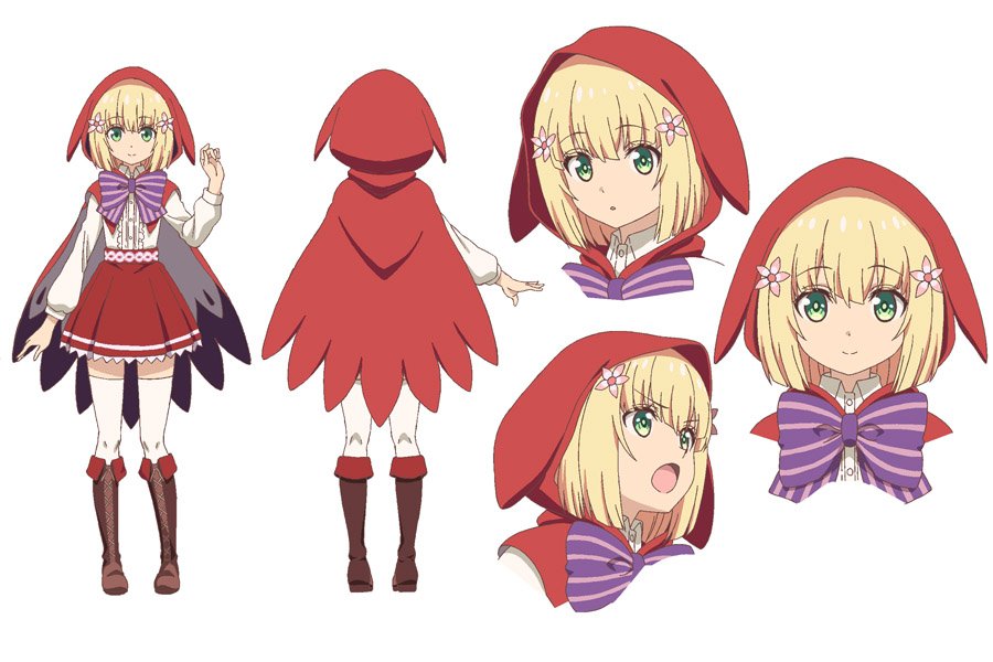 1girl blonde_hair flower green_eyes grimms_notes grimms_notes_the_animation hair_flower hair_ornament kawashima_hisashi little_red_riding_hood_(grimms_notes) multiple_views official_art open_mouth outstretched_arm red_hood red_skirt skirt smile