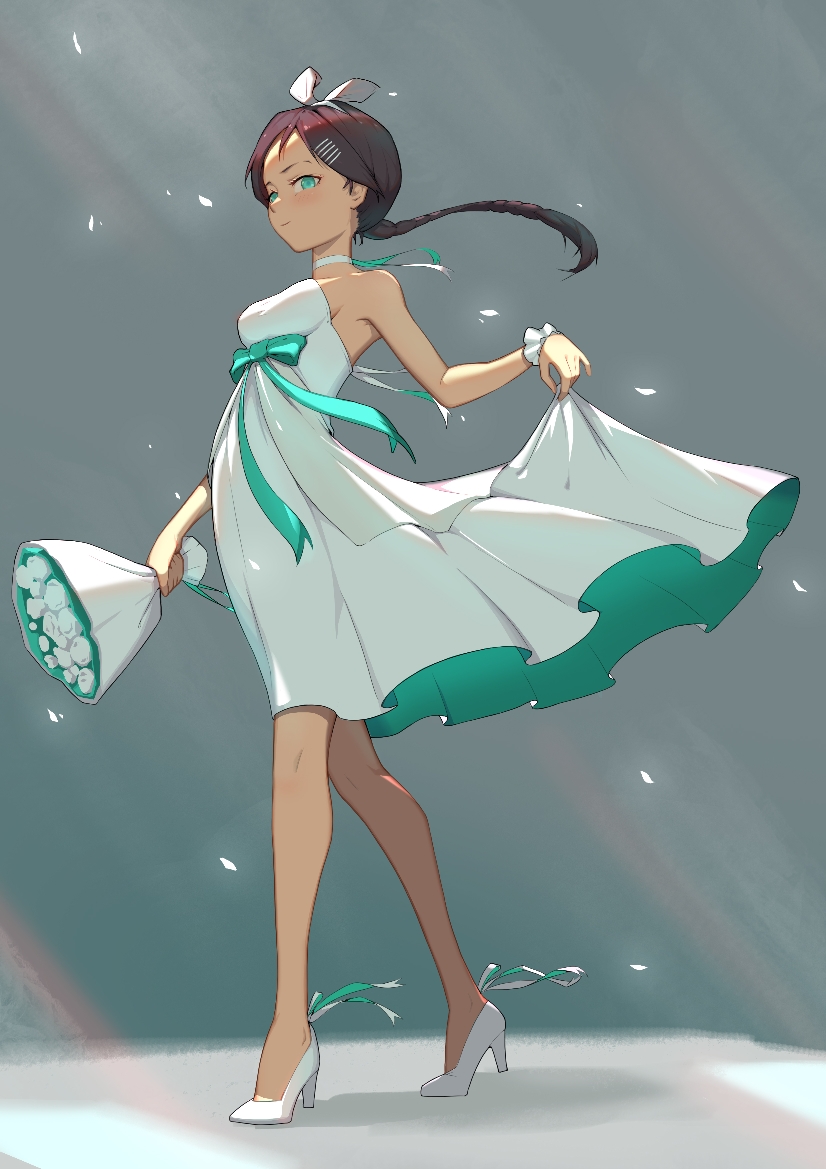 1girl a-z_(alphaomega) aonuma_neiru bare_legs bare_shoulders black_hair blush bow braid breasts clothes_lift dark-skinned_female dark_skin dress dress_bow dress_lift flower green_eyes grey_background hair_ornament hair_ribbon high_heels jewelry looking_at_viewer necklace no_bra ribbon scrunchie skirt_hold smile solo strap walking wonder_egg_priority wrist_scrunchie