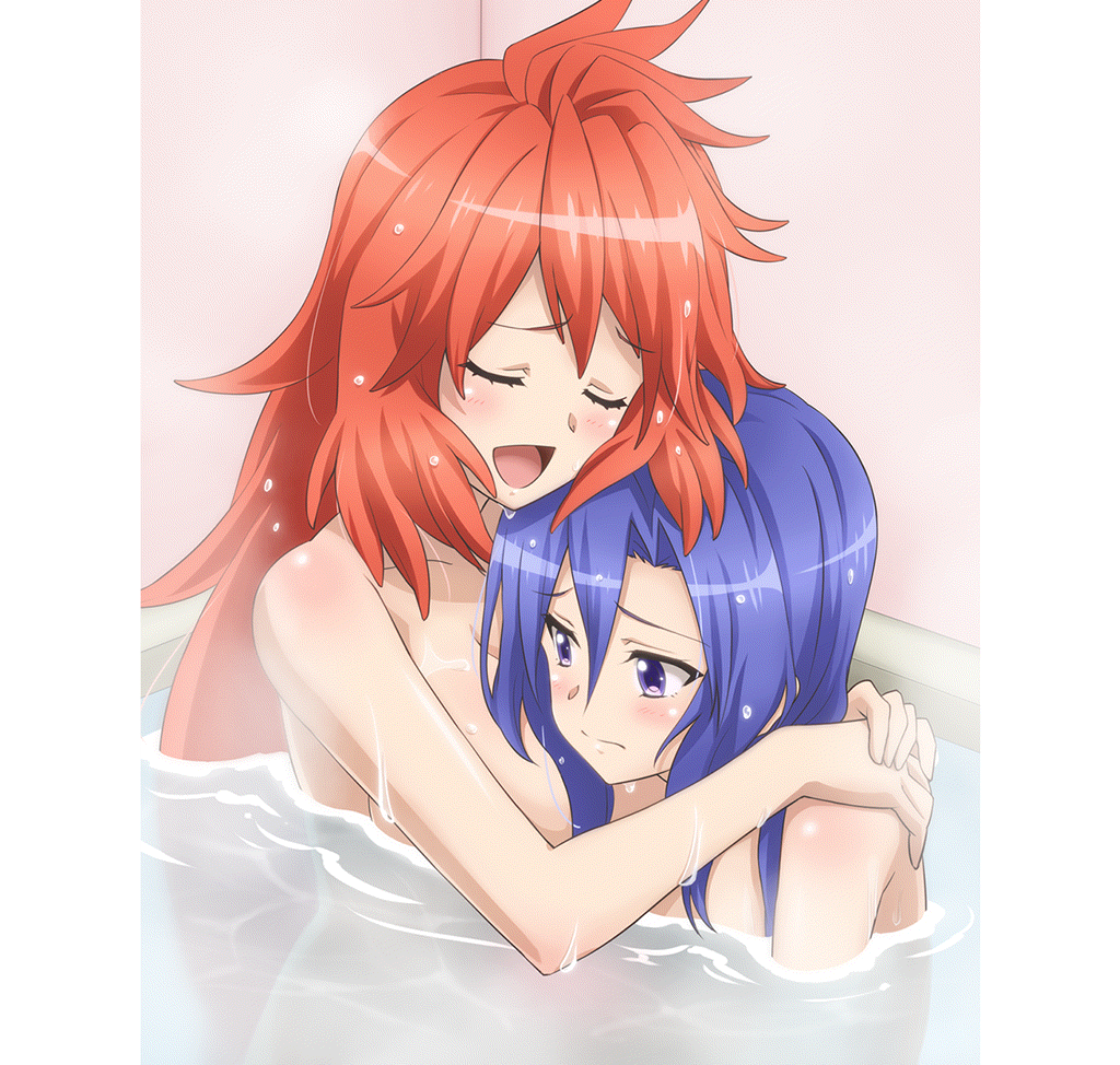 2girls amou_kanade artist_request bath blue_eyes blue_hair blush breasts cleavage closed_eyes closed_mouth collarbone hug kazanari_tsubasa large_breasts long_hair multiple_girls nude official_art open_mouth red_hair senki_zesshou_symphogear smile yuri