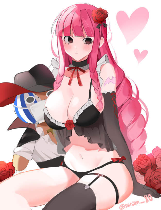 1girl alternate_costume arm_tattoo babydoll bat_tattoo black_babydoll black_eyes black_gloves black_panties black_thighhighs blunt_bangs blush bra braid breasts cleavage closed_mouth commentary cosplay detached_collar dracule_mihawk dracule_mihawk_(cosplay) drill_hair elbow_gloves english_commentary feet_out_of_frame flower gloves hair_flower hair_ornament heart joman kumacy large_breasts lingerie long_hair looking_to_the_side navel neck_ribbon one_piece panties perona pink_hair pout red_ribbon ribbon rose side_braids sidelocks simple_background single_thighhigh sitting solo stomach tattoo thigh_strap thighhighs twitter_username underwear v-shaped_eyebrows white_background