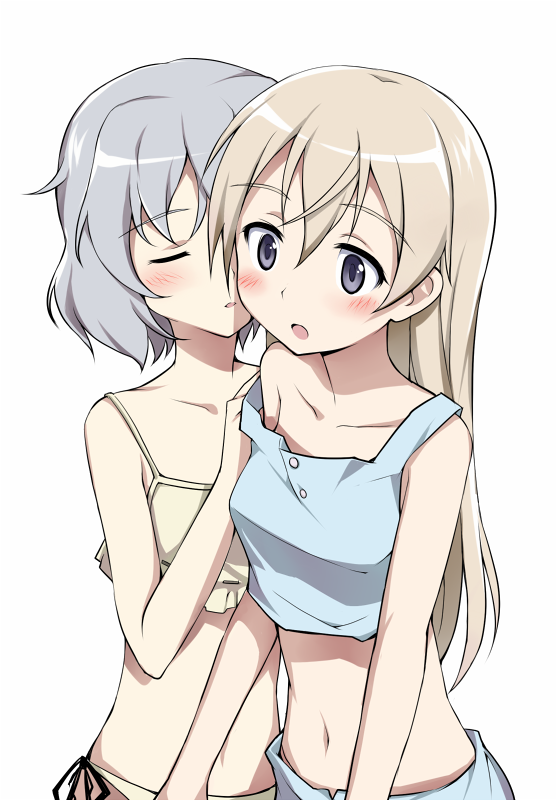 2girls bikini blue_eyes blush brown_hair closed_eyes couple eila_ilmatar_juutilainen kiriya kiss kissing_cheek lingerie long_hair multiple_girls navel open_mouth sanya_v._litvyak shinashi_(elside) short_hair side-tie_bikini_bottom silver_hair simple_background strap_slip strike_witches surprised swimsuit underwear world_witches_series yuri