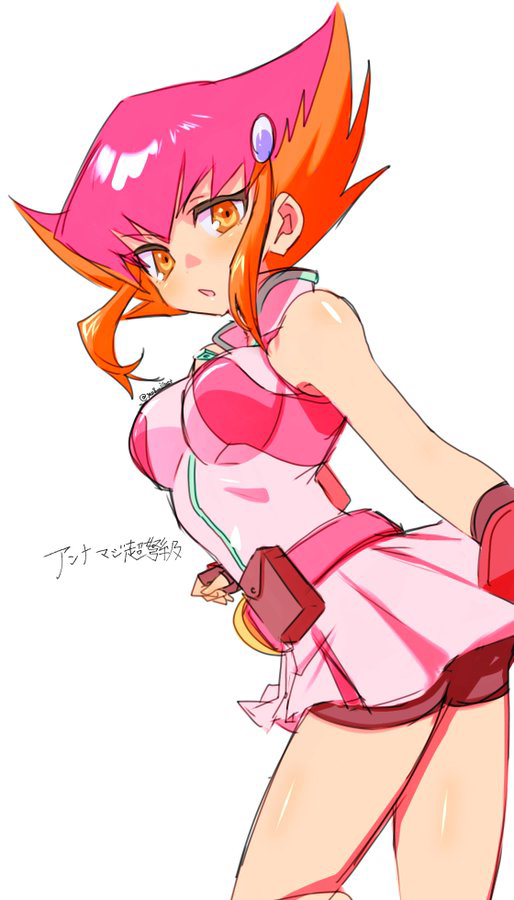 1girl bare_shoulders black_shorts breasts cowboy_shot from_behind jacket koutei_teki kouzuki_anna medium_breasts miniskirt orange_eyes orange_hair pink_hair pink_jacket pink_skirt pleated_skirt shorts simple_background skirt solo white_background yu-gi-oh! yu-gi-oh!_zexal