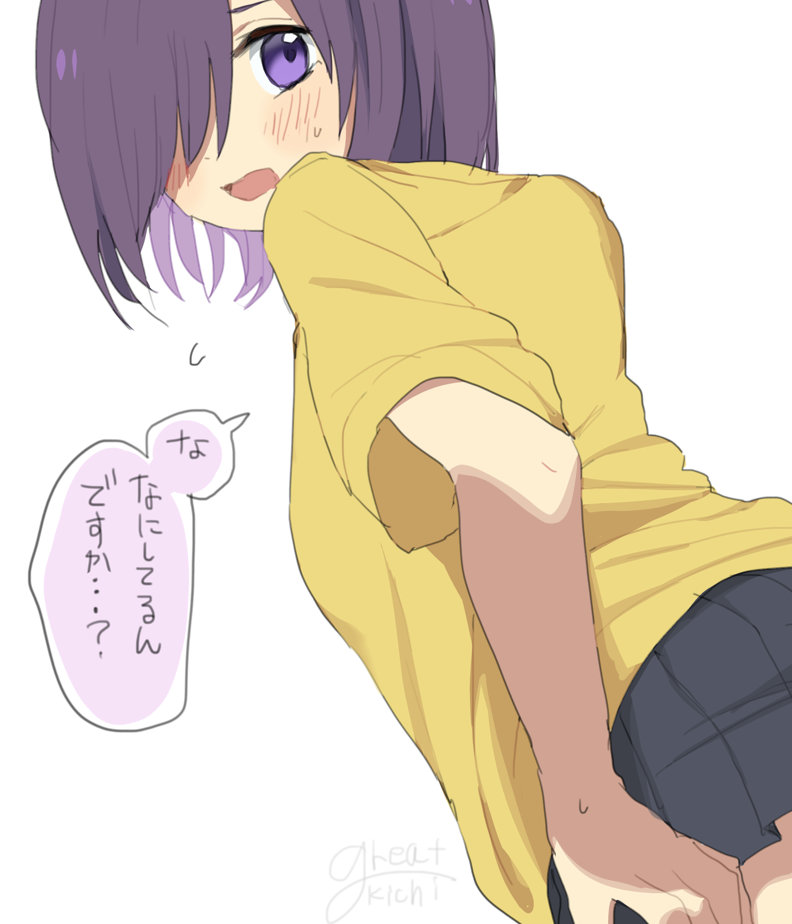 bad_id bad_pixiv_id blush from_behind great_kichi gym_uniform hair_over_one_eye looking_at_viewer looking_back pleated_skirt pop-up_story purple_eyes purple_hair short_hair simple_background skirt solo sweatdrop ursula_raiment white_background