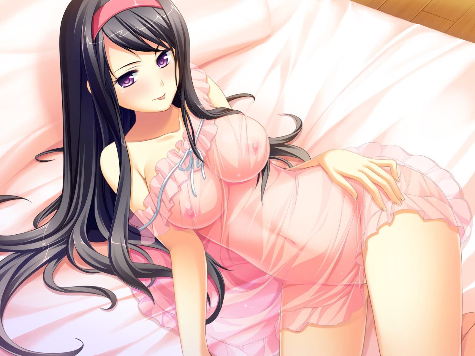 sagawa chiduru, otomimi infinity, hand on thigh, game cg, highres, 1girl,  :p, bed, black hair, blush, breasts, frills, gradient hair, indoors, large  breasts, lingerie, long hair, looking at viewer, lying, multicolored hair,