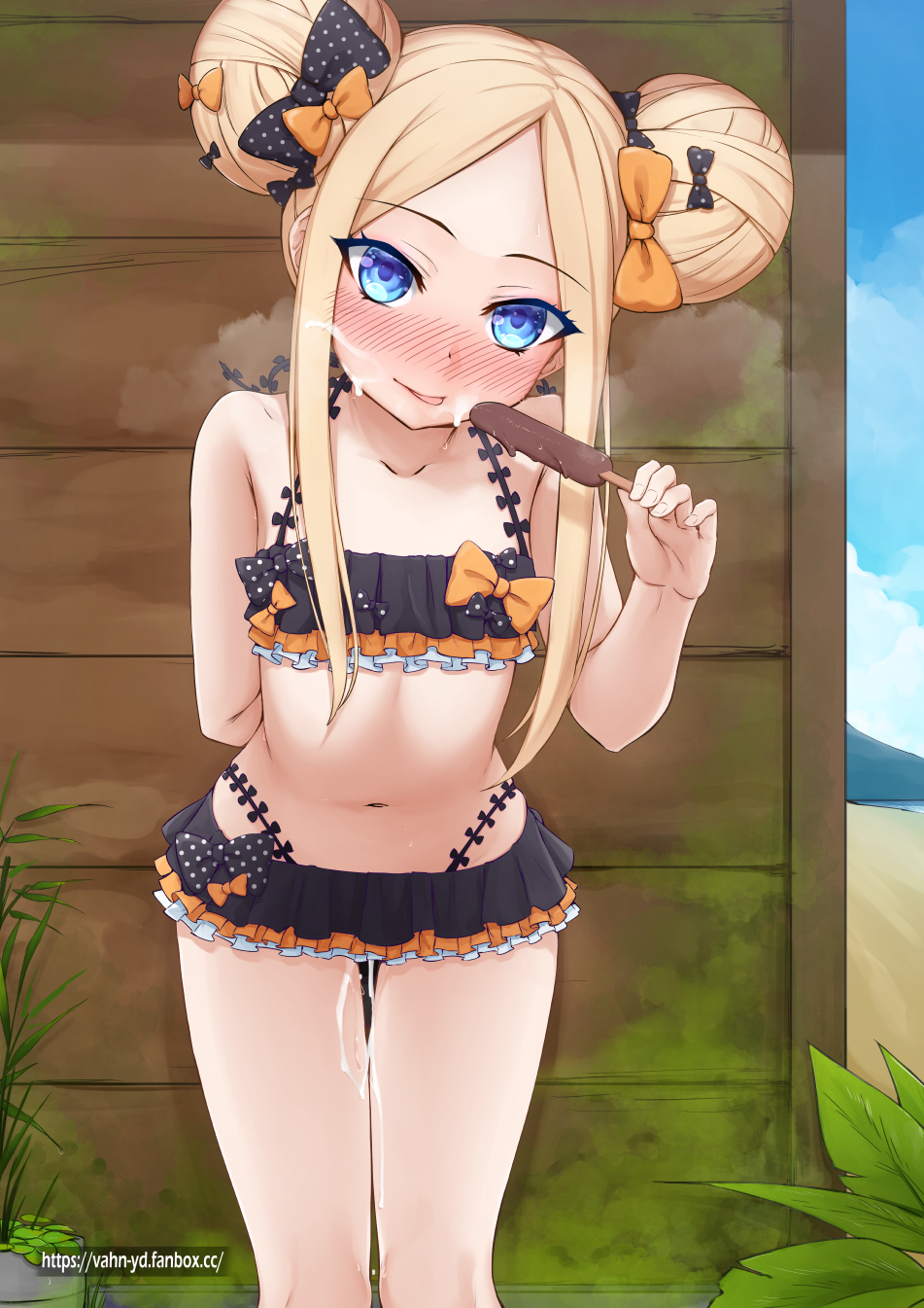 1girl abigail_williams_(emerald_float)_(fate) abigail_williams_(fate) arm_behind_back bare_shoulders bikini black_bikini black_bow blonde_hair blue_eyes blush bow breasts collarbone cum cum_on_body cum_on_hair cumdrip double_bun emerald_float facial fate/grand_order fate_(series) female_focus food forehead frilled_bikini frills hair_bow hair_bun highres leaning_forward long_hair looking_at_viewer multiple_hair_bows navel official_alternate_costume orange_bow outdoors parted_bangs polka_dot polka_dot_bow popsicle sidelocks small_breasts smile solo standing swimsuit thighs tongue tongue_out vahn_yourdoom