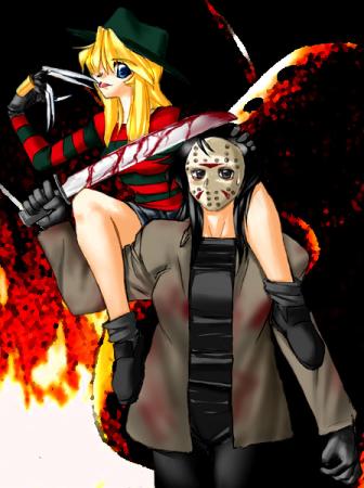 2girls a_nightmare_on_elm_street blonde_hair blood claws crossover female_focus freddy_krueger friday_the_13th gender_request genderswap gloves hat jason_voorhees lowres mask multiple_girls sitting standing