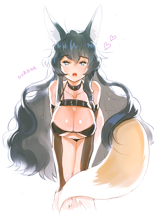 10s 1girl animal_ears bare_shoulders bent_over bikini black_bikini black_hair blue_eyes breasts character_name choker cleavage cropped_legs curly_hair detached_sleeves female_focus fox_ears fox_tail hair_between_eyes hands_on_own_knees huge_breasts kissai log_horizon long_hair nureha_(log_horizon) open_mouth solo string_bikini swimsuit tail very_long_hair