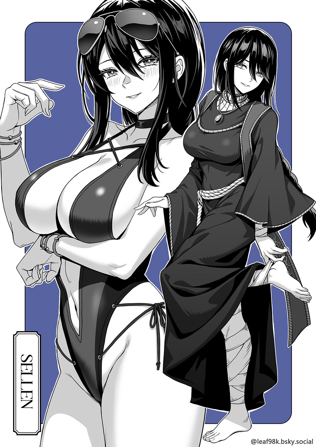 1girl artist_name bandaged_arm bandaged_leg bandages barefoot bikini black_choker black_hair blue_robe blush bracelet braid breasts choker elden_ring eyewear_on_head hayate_(leaf98k) highres jewelry large_breasts long_hair looking_at_viewer monochrome navel necklace raya_lucaria_academy robe side-tie_bikini_bottom slingshot_swimsuit smile sorceress_sellen swimsuit thighs wide_sleeves wrapping wrappings