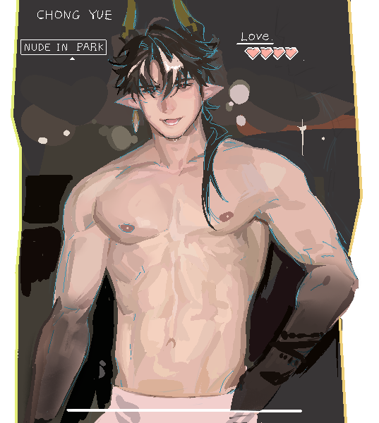 1boy arknights bara black_hair chong_yue_(arknights) code2_ip commentary dragon_boy dragon_horns english_commentary english_text hand_on_own_hip horns long_hair looking_at_viewer male_focus nipples pointy_ears red_eyes solo sweat toned toned_male topless_male