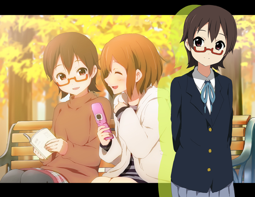 2girls bench book brown_eyes brown_hair cellphone glasses hirasawa_yui k-on! kakiuchi_itsuki manabe_nodoka multiple_girls phone red-framed_eyewear semi-rimless_eyewear short_hair sitting under-rim_eyewear