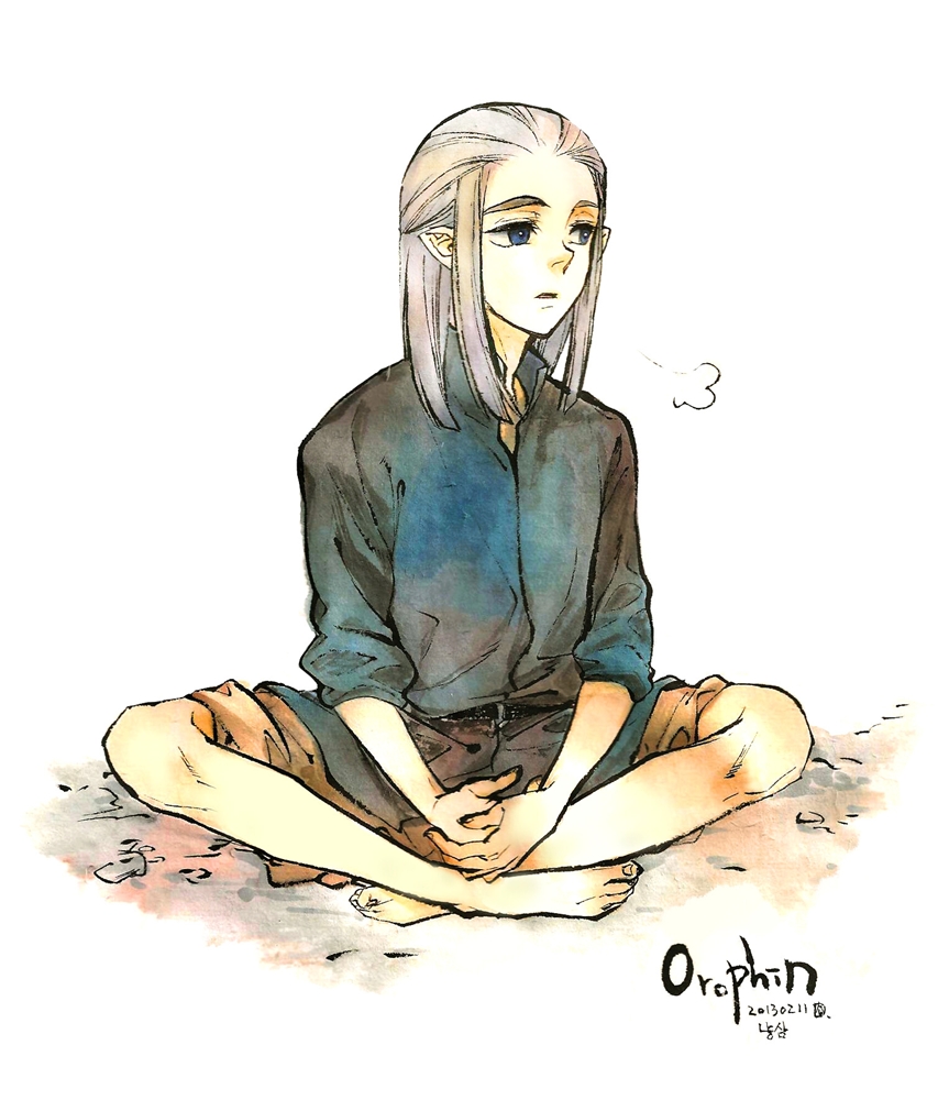 1boy bad_id bad_pixiv_id barefoot blue_eyes character_name elf full_body grey_hair long_hair male_focus nyangsam open_mouth orophin pointy_ears simple_background sitting solo the_lord_of_the_rings tolkien&#039;s_legendarium tolkien&#039;s_legendarium white_background