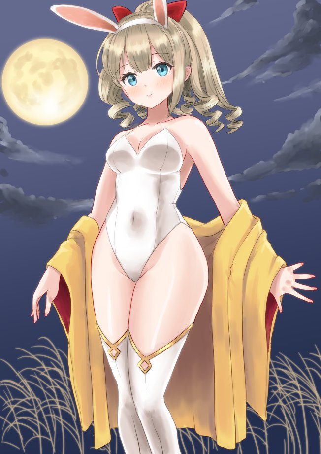 1girl animal_ears blue_eyes breasts cloud detached_collar drill_hair fake_animal_ears full_moon hatakaze_(kancolle) japanese_clothes kantai_collection kimono kitagawa_mikio leotard light_brown_hair long_hair medium_breasts moon night night_sky open_clothes outdoors playboy_bunny ponytail rabbit_ears ribbon sky solo strapless strapless_leotard thighhighs wheat_field white_leotard white_thighhighs