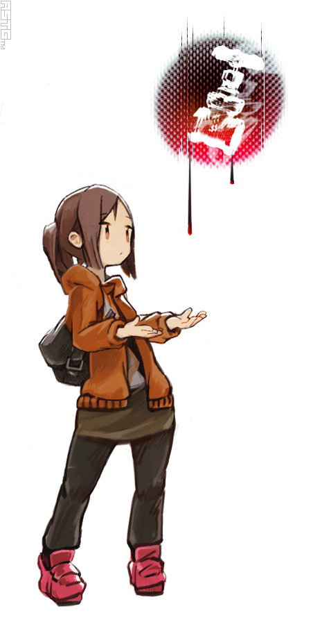 1girl astg backpack bag brown_eyes brown_hair long_sleeves original ponytail skirt watermark white_background