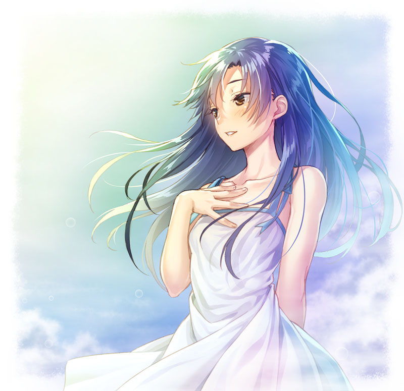 1girl aqua_hair arms_behind_back bare_arms bare_shoulders blue_hair blush breasts brown_eyes cloud collarbone commentary_request day dress grin hand_on_own_chest idolmaster idolmaster_(classic) idolmaster_million_live! kisaragi_chihaya long_hair looking_ahead nanaran outdoors small_breasts smile solo standing upper_body white_dress