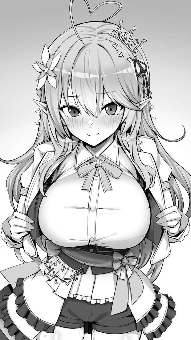 1girl ahoge blush breasts closed_mouth collared_shirt cowboy_shot elf flower hair_between_eyes hair_flower hair_ornament hair_ribbon heart heart_ahoge hololive jacket large_breasts long_hair looking_at_viewer monochrome mp150_plus open_clothes open_jacket pointy_ears ribbon shirt short_shorts shorts sidelocks smile solo very_long_hair virtual_youtuber yukihana_lamy