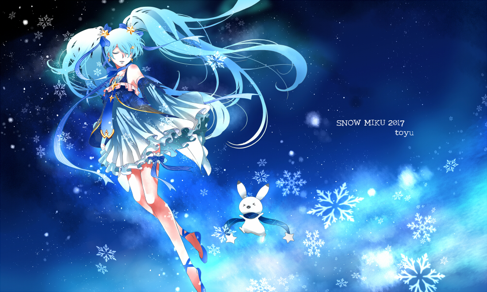 1girl 2017 animal ankle_ribbon artist_name blue_hair bridal_garter character_name closed_eyes detached_sleeves dress flats floating_hair frilled_dress frilled_sleeves frills full_body hair_ornament hair_ribbon hatsune_miku leg_ribbon long_hair long_sleeves rabbit ribbon sleeveless sleeveless_dress sleeves_past_fingers sleeves_past_wrists snowflakes solo star_(symbol) star_hair_ornament toyu twintails very_long_hair vocaloid yuki_miku yuki_miku_(2017)