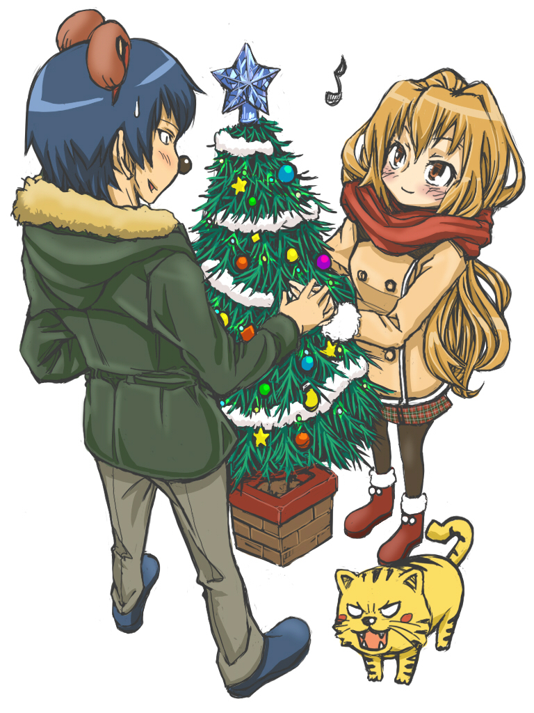 1boy 1girl aisaka_taiga animal_ears blue_hair blush brown_eyes brown_hair christmas christmas_tree height_difference hifumi long_hair palmtop_tiger pantyhose scarf short_hair simple_background smile takasu_ryuuji toradora! white_background