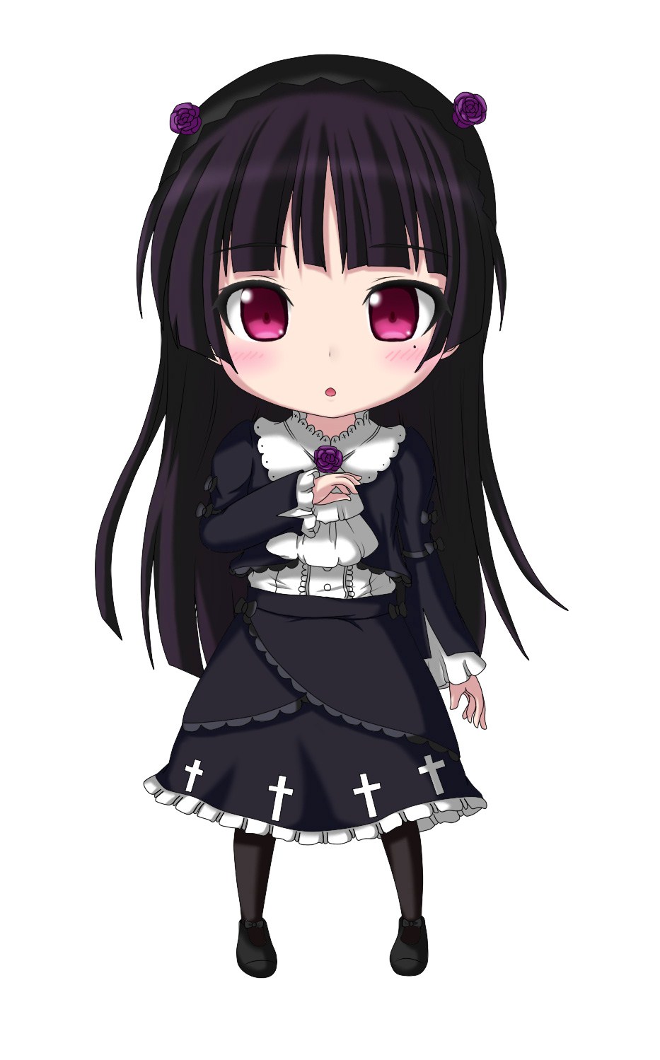 1girl black_hair chibi dress female_focus gokou_ruri gothic_lolita highres kuena lolita_fashion long_hair mole mole_under_eye ore_no_imouto_ga_konna_ni_kawaii_wake_ga_nai pantyhose red_eyes solo