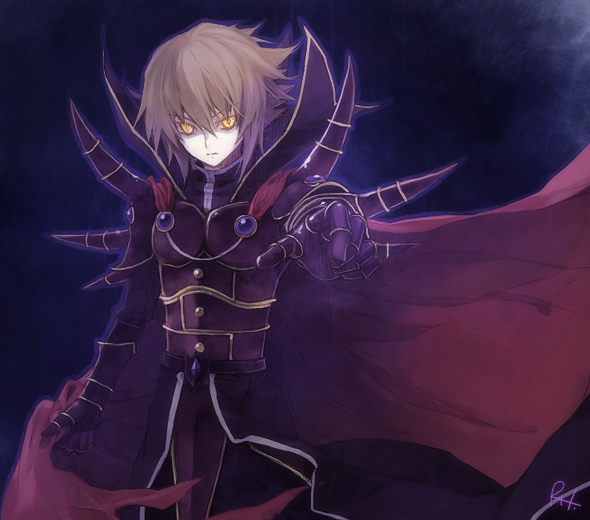 1boy armor brown_hair cape full_armor looking_at_viewer male_focus pale_skin pointing pointing_at_viewer reki_(pixiv) signature solo supreme_king_(yu-gi-oh!_gx) yellow_eyes yu-gi-oh! yu-gi-oh!_gx yuki_judai