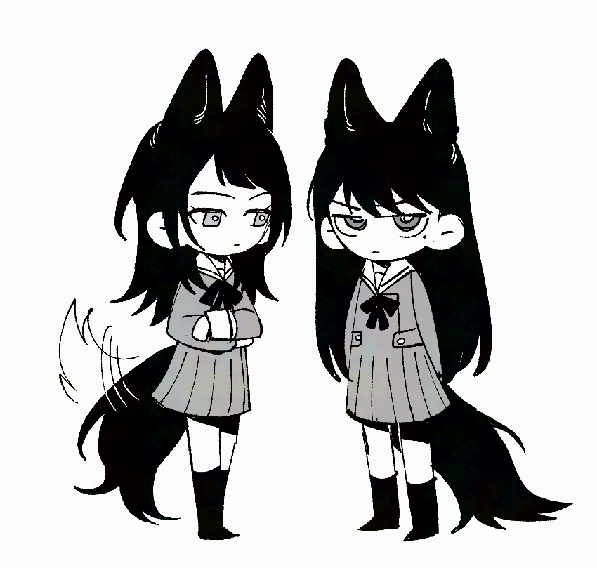 2girls animal_ears bang_dream! bang_dream!_it&#039;s_mygo!!!!! commentary dress english_commentary kemonomimi_mode kneehighs long_hair medium_hair mole mole_under_eye multiple_girls pleated_dress sailor_collar shiina_taki socks standing tail tail_wagging wolf_ears wolf_girl wolf_tail yahata_umiri yogurt_pt