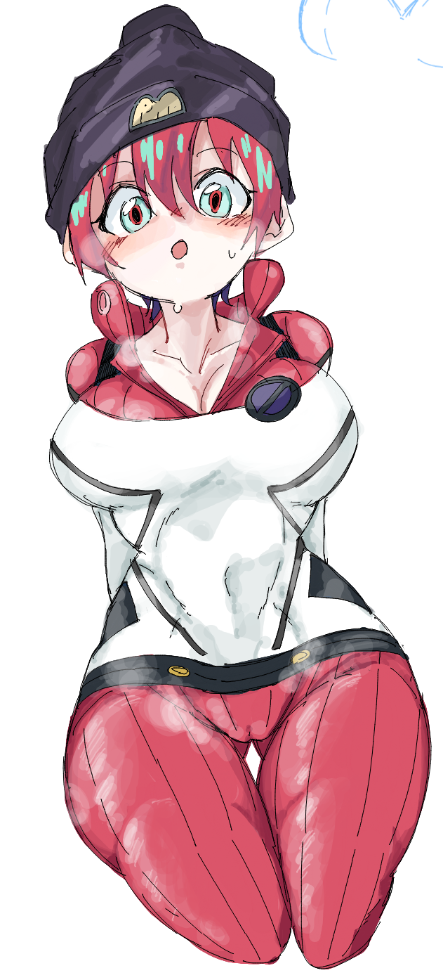 1girl amate_yuzuriha aqua_dress aqua_eyes blush cowboy_shot dress gundam gundam_gquuuuuux mecha_pilot_suit multicolored_eyes open_mouth red_eyes red_hair short_hair