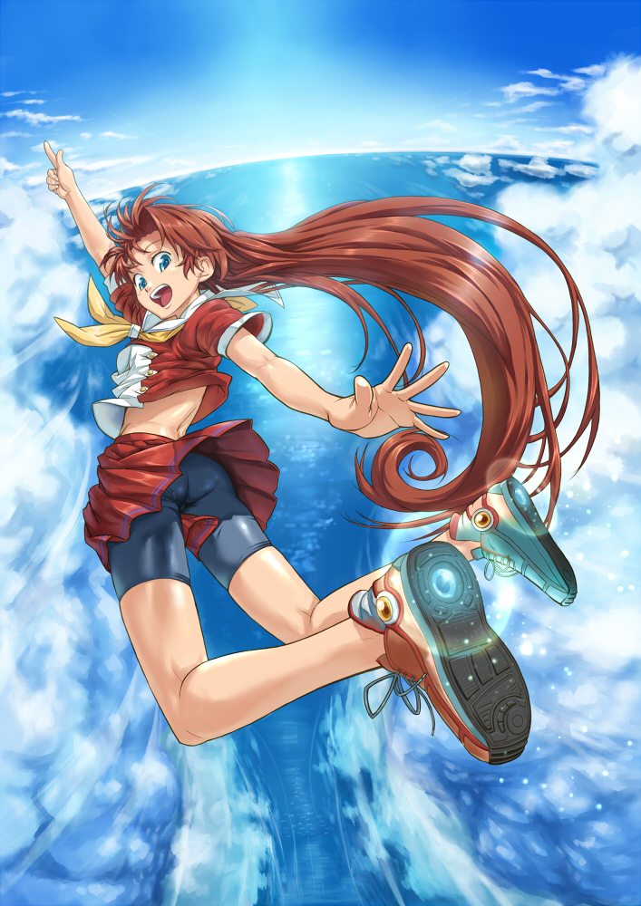 ass bad_id bad_pixiv_id bike_shorts blue_eyes brown_hair cloud flying long_hair original outstretched_arms pirano school_uniform shoes skirt sky sneakers solo spread_arms water