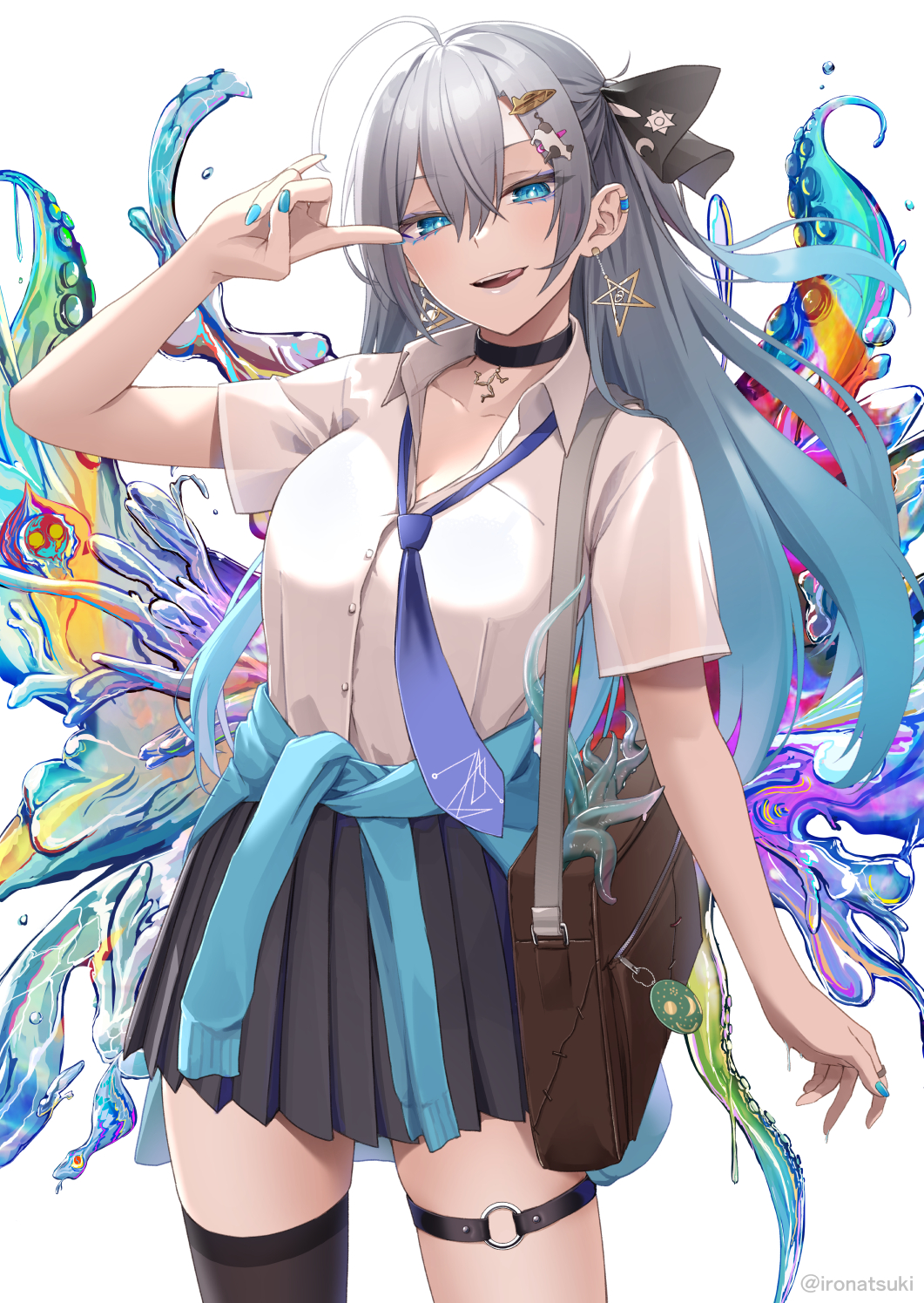 1girl 2022 ahoge black_choker black_skirt black_thighhighs blue_eyes blue_hair blue_nails blue_necktie choker clothes_around_waist collared_shirt ear_piercing gradient_hair grey_hair highres ironatsuki jacket jacket_around_waist long_hair looking_at_viewer multicolored_hair nail_polish necktie open_mouth original piercing pleated_skirt school_uniform shirt shirt_tucked_in short_sleeves single_thighhigh skirt smile solo standing tentacles thigh_strap thighhighs white_background white_shirt