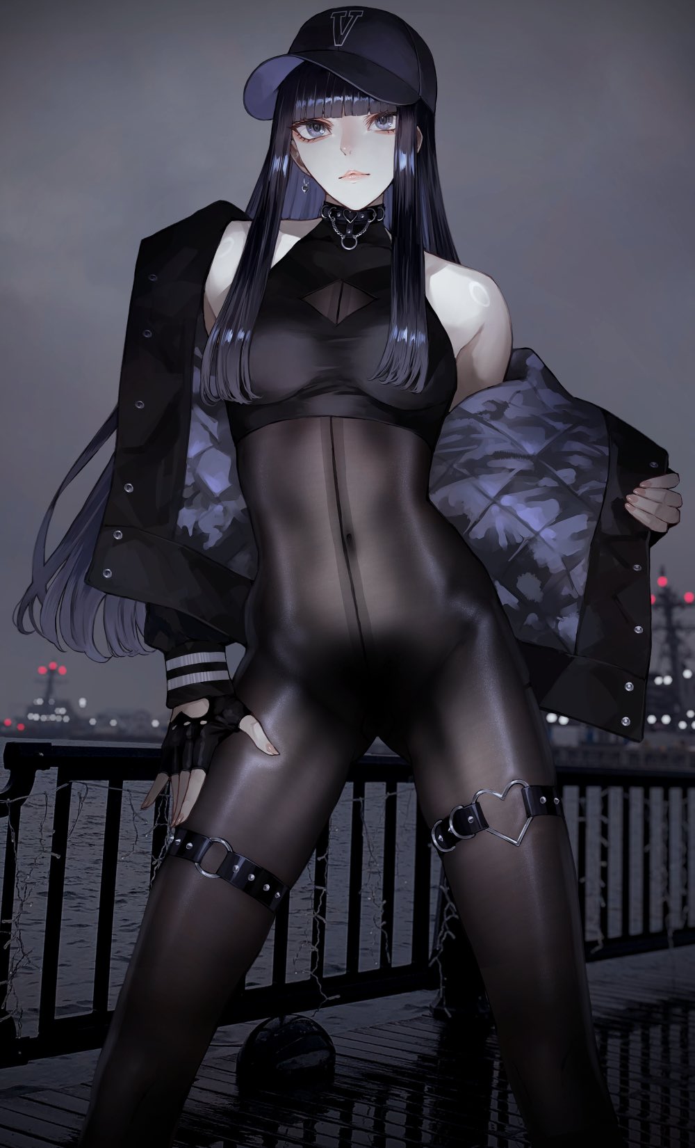 1girl bare_shoulders black_eyes black_gloves black_hair blunt_bangs bodystocking breasts earrings fingerless_gloves gloves gluteal_fold hat highres hime_cut jacket jewelry kaoming long_hair looking_at_viewer navel off_shoulder original outdoors shorts solo thigh_strap unworn_shorts water