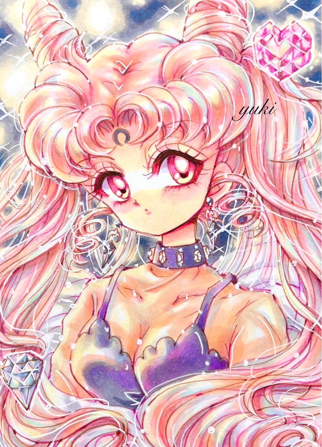 1girl aged_up bare_shoulders bishoujo_senshi_sailor_moon black_lady_(sailor_moon) breasts chibi_usa cleavage dress earrings highres jewelry large_breasts long_hair pink_hair traditional_media very_long_hair yuki_(yyy_tgzc)