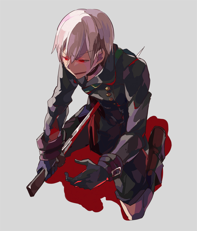 1boy unworn_blindfold blood bloody_weapon deep_wound from_above full_body gloves glowing grey_background injury ishiwari kneehighs male_focus nier_(series) nier:automata pool_of_blood red_eyes short_hair simple_background smile socks solo spoilers sword weapon 9s_(nier:automata)