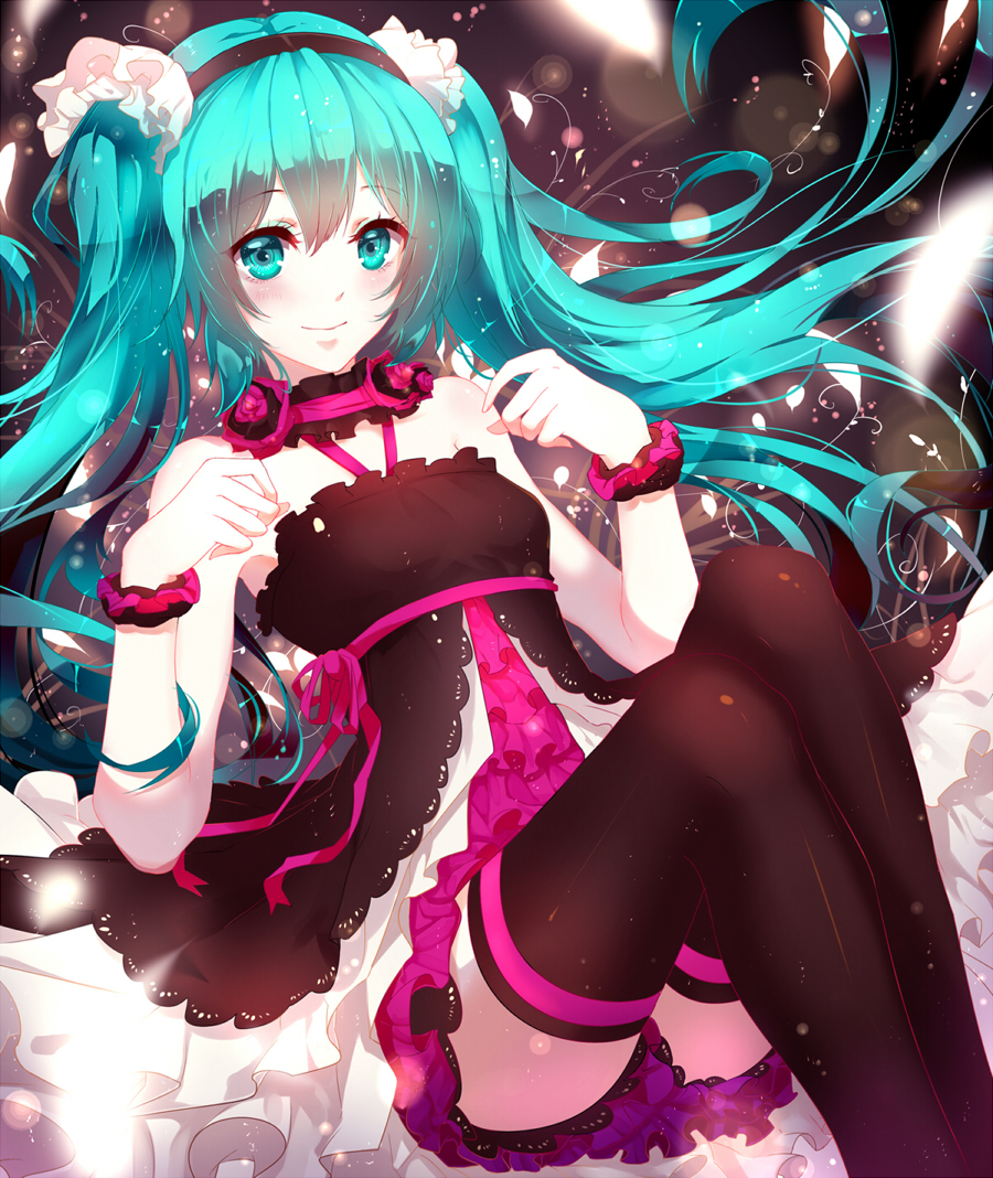 1girl 7th_dragon 7th_dragon_(series) 7th_dragon_2020 7th_dragon_2020-ii aqua_eyes aqua_hair blush breasts dress female_focus hatsune_miku long_hair phino small_breasts smile solo thighhighs twintails vocaloid