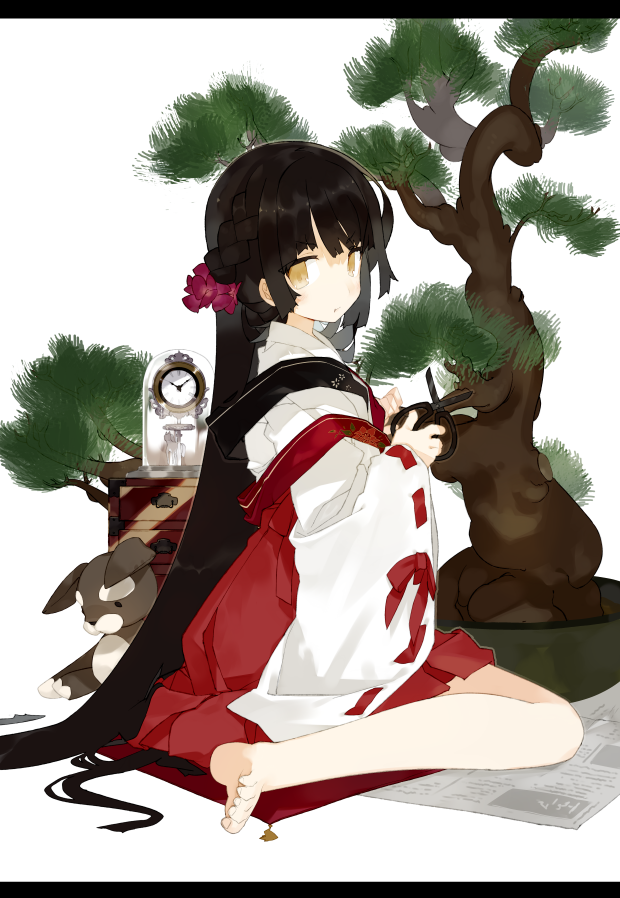 1girl :t bare_legs barefoot black_hair bonsai clock detached_sleeves drawer female_focus from_side full_body hakama hakama_skirt japanese_clothes karei_(hirameme) letterboxed long_hair long_sleeves looking_at_viewer miko newspaper original pillow plant ribbon-trimmed_sleeves ribbon_trim scissors simple_background sitting skirt solo stuffed_animal stuffed_rabbit stuffed_toy tree very_long_hair wariza white_background yellow_eyes