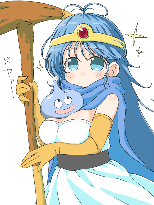 1girl blue_eyes blue_hair blush breasts cape capelet circlet closed_mouth commentary_request dragon_quest dragon_quest_iii dress elbow_gloves gloves large_breasts long_hair looking_at_viewer naitou_kouse sage_(dq3) simple_background slime_(dragon_quest) staff white_background yellow_gloves