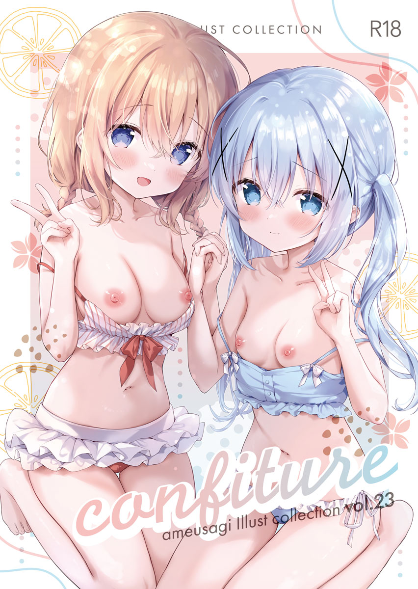 2girls :d amedamacon bare_legs bare_shoulders barefoot bikini bikini_pull blue_bikini blue_eyes blue_hair blush braid breasts brown_hair closed_mouth clothes_pull comiket_104 commentary_request frilled_bikini frills gochuumon_wa_usagi_desu_ka? hair_between_eyes hair_ornament hands_up highres holding_hands hoto_cocoa interlocked_fingers kafuu_chino looking_at_viewer low_twintails medium_breasts multiple_girls navel nipples open_mouth side-tie_bikini_bottom small_breasts smile swimsuit twin_braids twintails v white_bikini x_hair_ornament