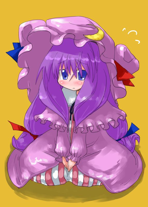 1girl blue_eyes blush capelet crescent dress female_focus frills hat long_hair long_sleeves looking_at_viewer mob_cap patchouli_knowledge purple_dress purple_hair simple_background sitting solo striped tao tao_(kadoya) touhou vertical_stripes yellow_background