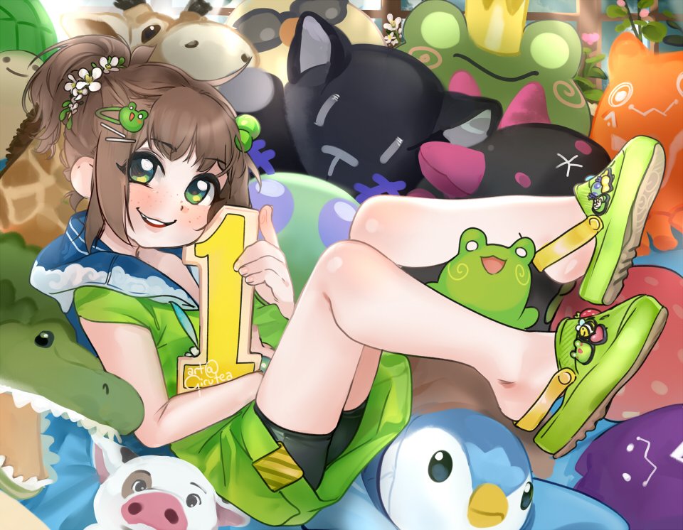 1girl black_shorts blue_collar blush brown_hair collar collared_dress creatures_(company) dress eyelashes flower flowers_in_hair freckles frog frog_hair_ornament full_body game_freak gen_4_pokemon girutea green_dress green_eyes green_footwear green_hair_ornament green_shirt hair_ornament hairclip hairpin head_wreath indie_virtual_youtuber lily_hopkins nintendo piplup pokemon pokemon_(creature) shirt shorts smile stuffed_alligator stuffed_animal stuffed_cat stuffed_cow stuffed_frog stuffed_giraffe stuffed_toy teeth thighs tongue upper_teeth_only virtual_youtuber