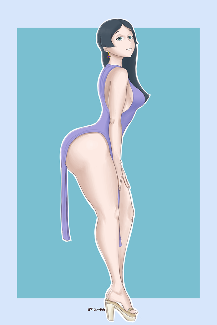 1girl ass barbara_parker black_hair blue_eyes curvy dress high_heels hip_focus huge_ass legs little_witch_academia long_hair thick_thighs thighs thotticus-slayer wide_hips