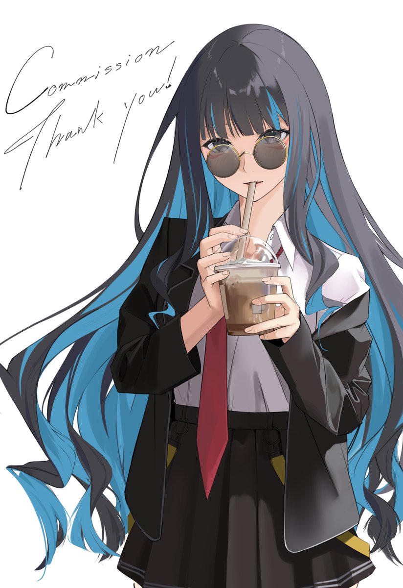 1girl black_hair black_jacket blue-tinted_eyewear blue_hair colored_inner_hair drinking_straw fate/grand_order fate_(series) grey_eyes highres jacket looking_at_viewer looking_over_eyewear milkshake multicolored_hair necktie open_clothes open_jacket round_eyewear sh1u_1013 skirt solo tenochtitlan_(fate) tinted_eyewear white_background