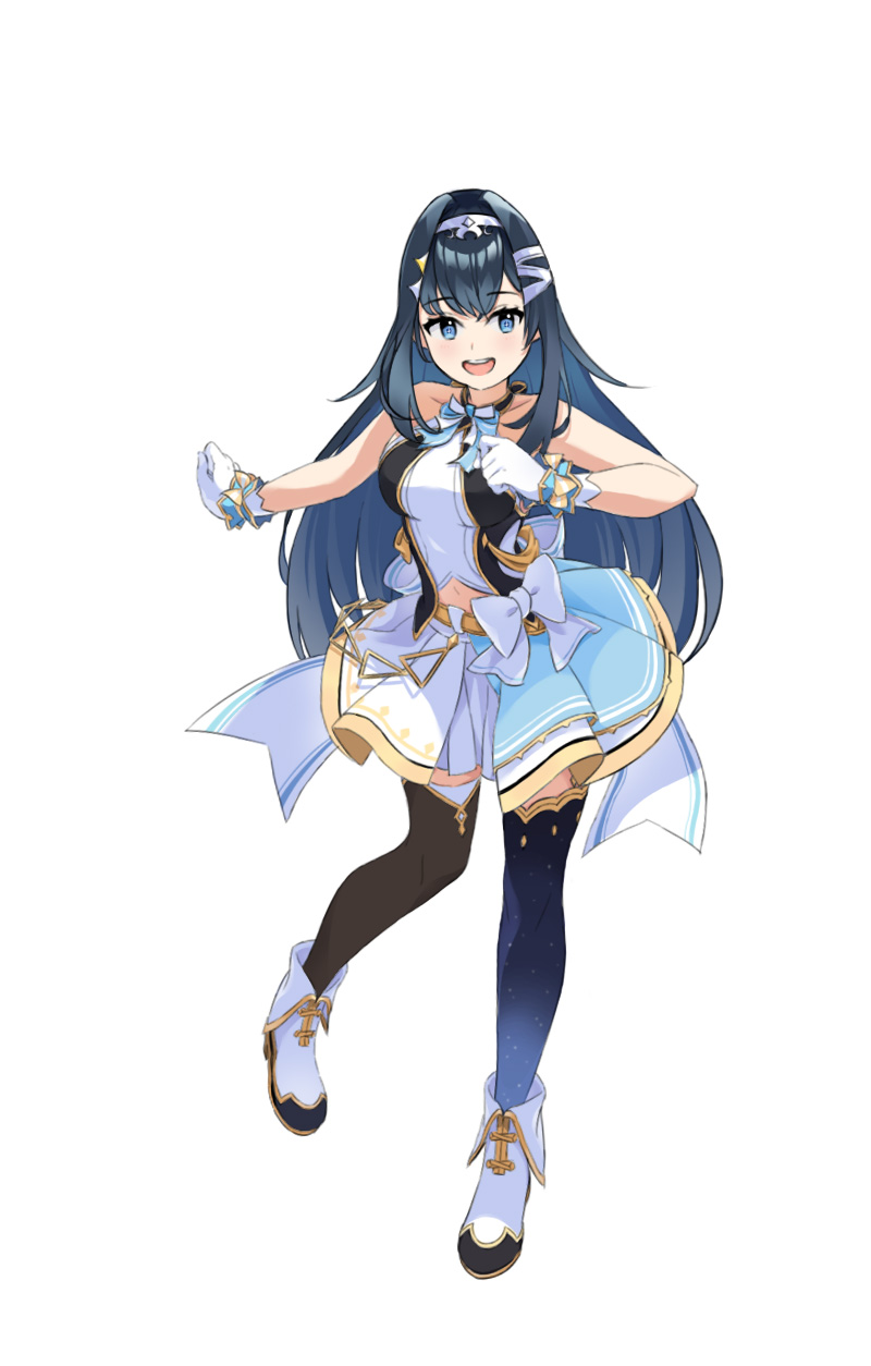 1girl alternate_costume biqi_gu_qi_ku_bi blue_eyes blue_hair clothing_cutout corrupted_metadata gloves hairband halterneck high_heels highres hololive hololive_china idol_clothes looking_to_the_side navel navel_cutout open_mouth rosalyn_(hololive) single_leg_pantyhose single_thighhigh skirt smile solo thighhighs virtual_youtuber white_footwear white_gloves white_hairband white_skirt wrist_cuffs