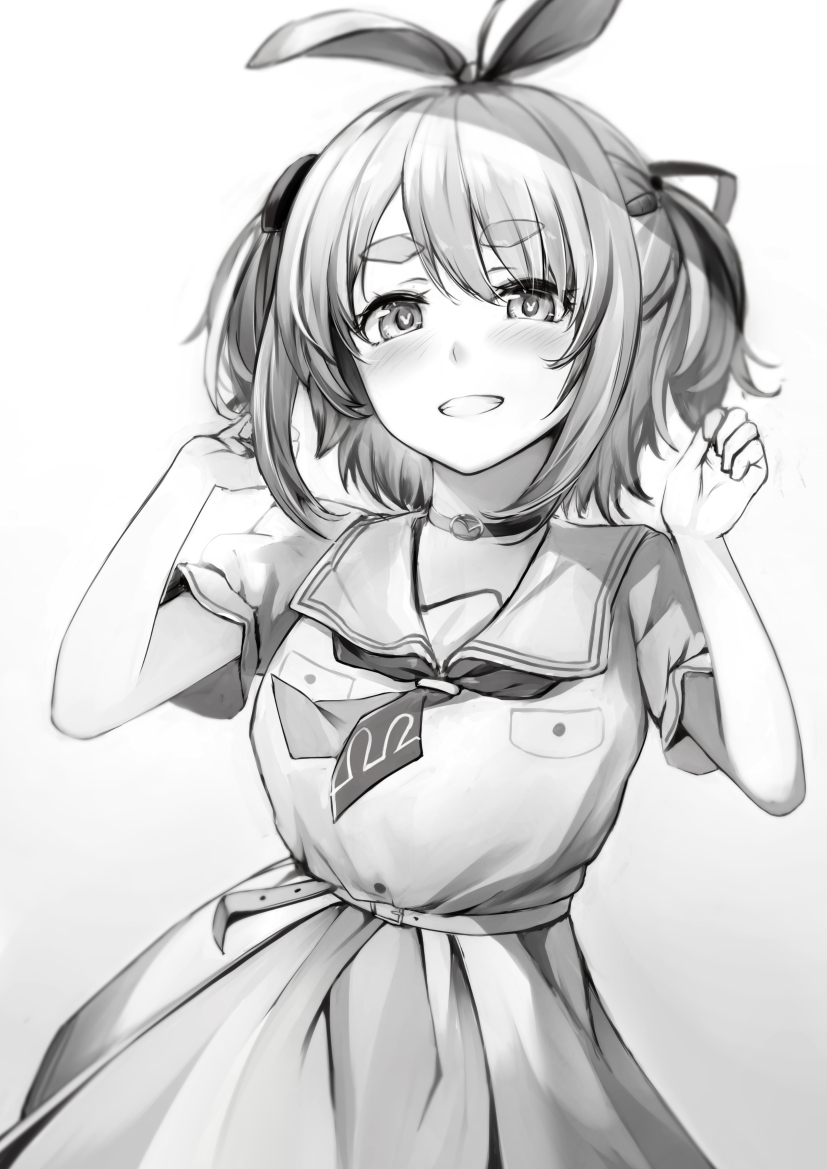 1girl 8gou belt blush choker commentary_request cowboy_shot dress greyscale grin hair_ornament hair_ribbon hands_up hololive looking_at_viewer monochrome neckerchief rabbit-shaped_pupils ribbon sailor_collar short_hair short_sleeves smile solo symbol-shaped_pupils thick_eyebrows two_side_up usada_pekora usada_pekora_(casual) virtual_youtuber