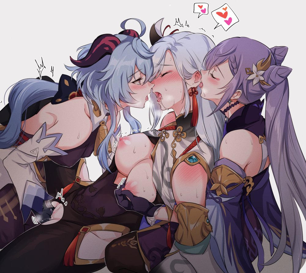 3girls after_kiss ahoge bell blue_hair blush breasts closed_eyes commentary cone_hair_bun cowbell detached_sleeves fff_threesome fingering ganyu_(genshin_impact) genshin_impact goat_horns grey_background group_sex hair_bun hair_ornament horns keqing_(genshin_impact) large_breasts long_hair looking_at_another multiple_girls negom nipple_stimulation nipple_tweak nipples open_mouth saliva saliva_trail shenhe_(genshin_impact) shoulder_blush simple_background sweat threesome tongue tongue_out twintails yuri