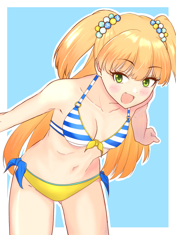 1girl bikini blonde_hair blue_background border commentary_request eyebrows_hidden_by_hair green_eyes hair_bobbles hair_ornament horizontal-striped_bikini idolmaster idolmaster_cinderella_girls jougasaki_rika kitami_kouta long_hair mismatched_bikini outside_border side-tie_bikini_bottom smile solo swimsuit two-tone_background two_side_up white_border