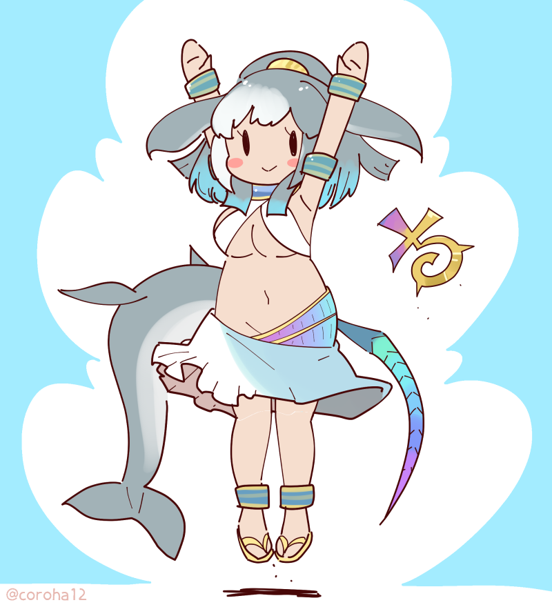 1girl arms_up blue_background bracelet coroha dorudon_(kemono_friends) dress fins full_body grey_hair head_fins jewelry jumping kemono_friends long_hair looking_at_viewer navel sandals simple_background skirt solo tail whale_girl