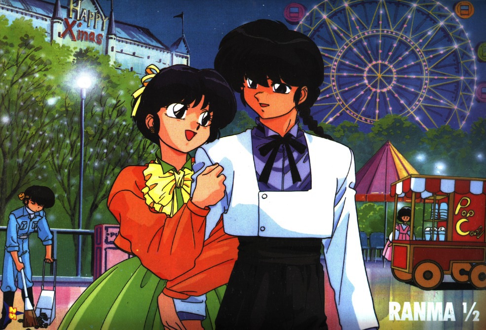 1boy 1girl black_hair blue_hair braid couple hibiki_ryouga nakajima_atsuko official_art ranma_1/2 saotome_ranma short_hair single_braid tendou_akane