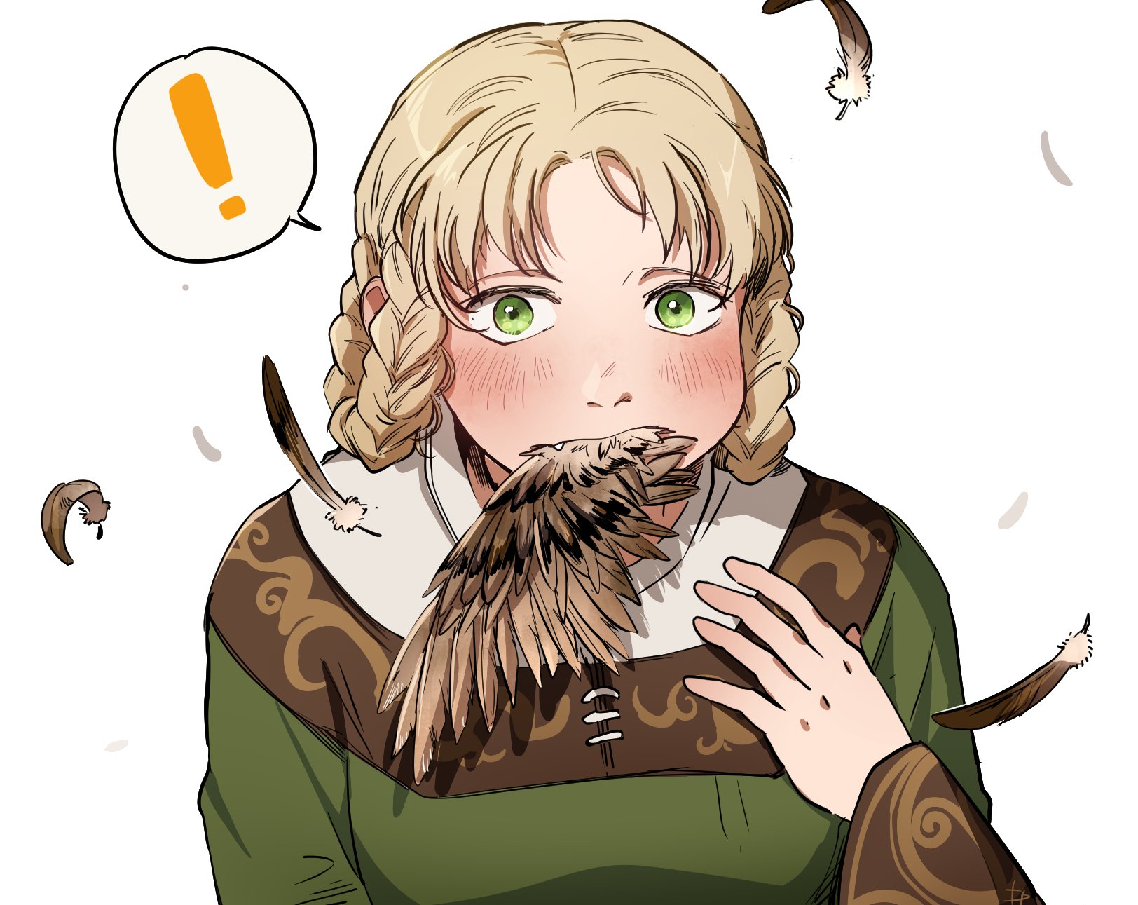 timnehparrot, rya (elden ring), elden ring, bad id, bad twitter id,  highres, !, 1girl, animal, bird, blonde hair, blush, braided hair rings,  eating, feathered wings, feathers, green eyes, hawk, looking at viewer,